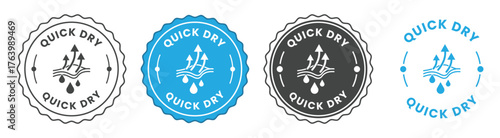 Quick dry moisture wicking icon vector set, blue and black round label for clothing tag, fabric product design, breathable textile symbol, garment packaging, and sportswear use