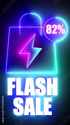Neon shopping bag with lightning bolt and 82 percent flash sale announcement discount offer