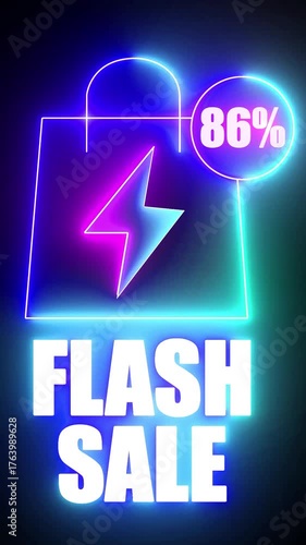 Neon shopping bag with lightning bolt and 86% flash sale text on dark background discount offer