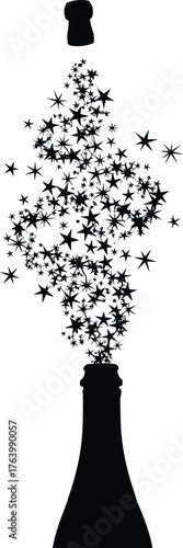 A black silhouette of a bottle releasing a swarm of spiders into the air