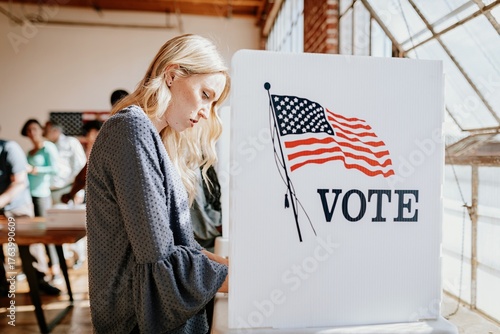 Canvas Print A woman voting at a polling station