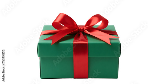 Green Christmas gift box with red ribbon isolated on plain white background