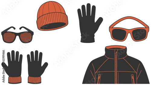 Winter fashion, vector accessories silhouette set for seasonal design, cold weather clothing collection, hat scarf gloves boots icons, stylish outfit illustration, cozy apparel art,
