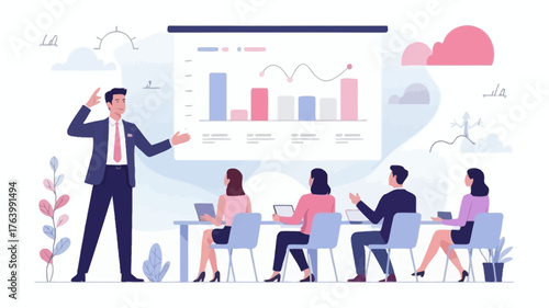 Dynamic business presentation with a confident speaker addressing an engaged audience during a data analysis meeting