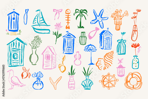 Hand Drawn Summer Stamp Collection Featuring Beach Huts, Nautical Icons, Tropical Plants and Vacation Accessories for Seasonal Packaging, Stationery and Editorial Design