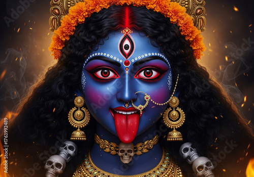 Goddess Kali Portrait Hindu Deity Illustration with Blue Skin, Fiery Background, and Skulls.