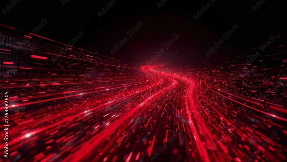 Fototapeta premium Red and Black Cyber Stream — Winding digital data path glowing in vivid red tones across a dark cyber environment.