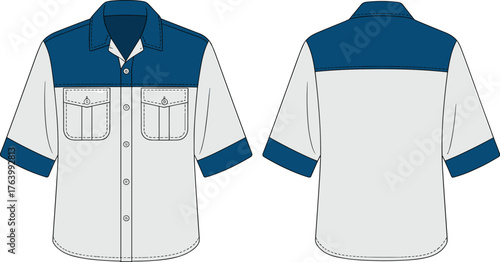 Two-tone short-sleeved shirt vector illustration, front and back views, flap chest pockets, contrast yoke and cuffs, fashion technical garment template