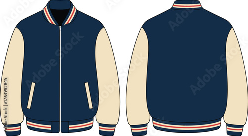 Varsity-style jacket vector illustration, front and back views, striped collar and cuffs, navy body, beige sleeves, fashion technical template