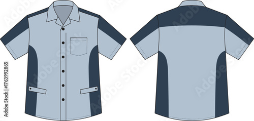 Two-tone short-sleeved shirt vector illustration, front and back views, flap pockets, button placket, color block design, fashion technical template
