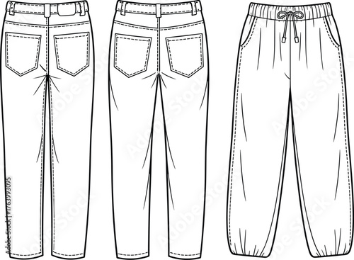 Women’s pants vector illustration set, three styles, belted waist, patch pockets, jogger design, elastic cuffs, fashion technical sketch template