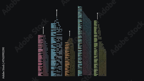 A vibrant abstract cityscape illustration featuring a cluster of stylized skyscrapers with colorful illuminated windows against a dark background