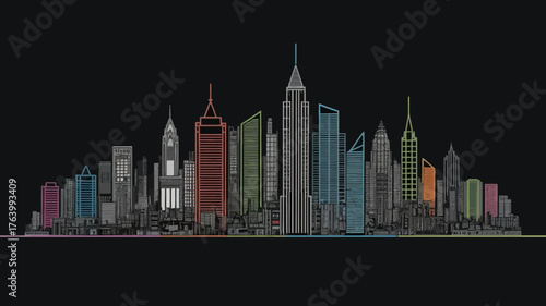 A vibrant stylized cityscape silhouette showcasing a diverse array of colorful skyscrapers against a stark black background