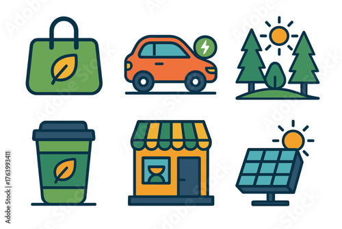 Sustainable Tourism flat icons: eco travel bag, electric vehicle, nature preserve, fair trade shop, reusable cup, solar energy. , , High resolution, sharp vector-like appearance,
