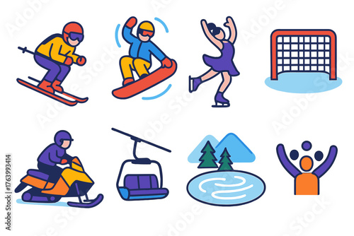 Winter Athletic Adventures flat icons: downhill skier, snowboarder spin, figure skater, hockey net, snowmobile, ski lift, frozen lake, cheering crowd. , , High resolution, sharp