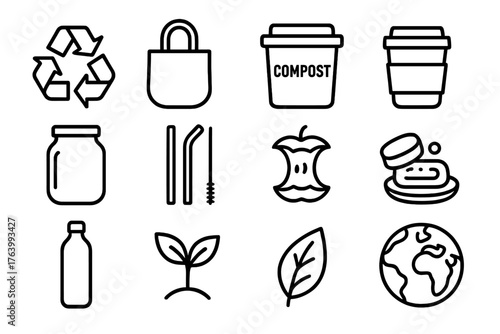 Zero Waste outline icon set: recycling arrows, cloth bag, compost bin, reusable cup, jar, bamboo straw, apple core, soap bar, water bottle, plant sprout, leaf, globe. , , High