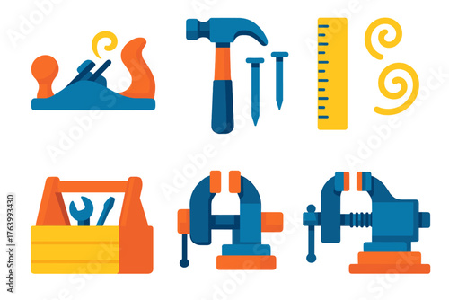 Craftsmanship flat icons: plane tool, hammer and nails, ruler, wood shavings, toolbox, bench vise. , , High resolution, sharp vector-like appearance, ideal for UI and web design.