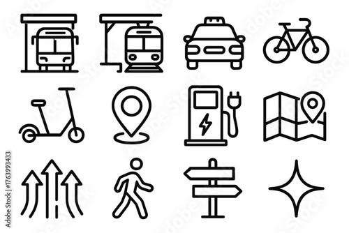 Transit Centers outline icon set: bus stop, train platform, taxi, bicycle, scooter, GPS location, charging port, city map, road arrows, pedestrian, signpost, spark. , , High