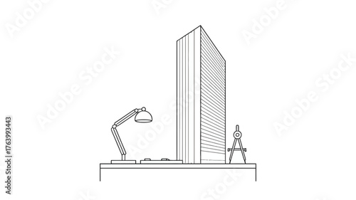 Architectural sketch of a modern skyscraper with intricate facade details and a stylized street lamp and figures