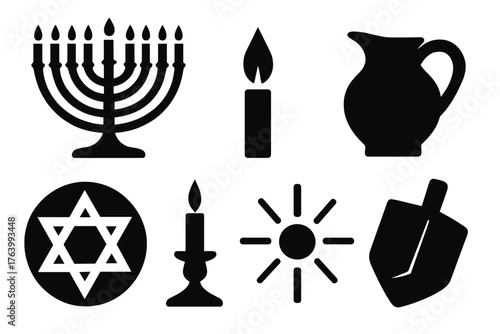 Hanukkah Menorah silhouette set: menorah silhouette, single candle, shining flame, oil jug, Star of David circle, candle stand, glowing light, dreidel shape. , , High resolution,