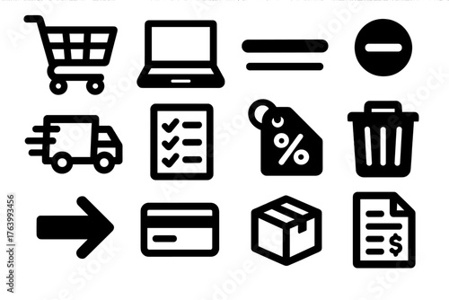 Cyber Monday Cart Overview silhouette set: full cart, open laptop, subtotal line, minus button, delivery estimate, shopping list, promo tag, trash bin, continue shopping arrow,