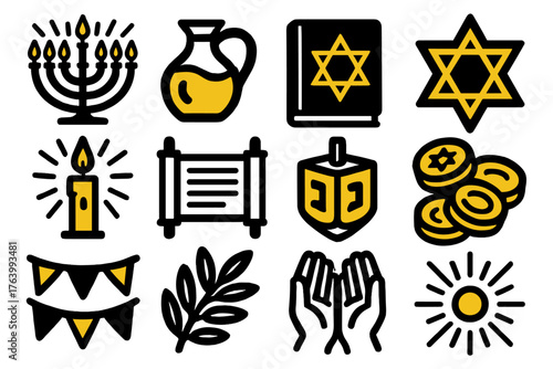 Hanukkah Blessings silhouette set: menorah shine, oil bottle, prayer book, star shape, candle glow, blessing parchment, dreidel, golden coins, festive garland, olive branch,