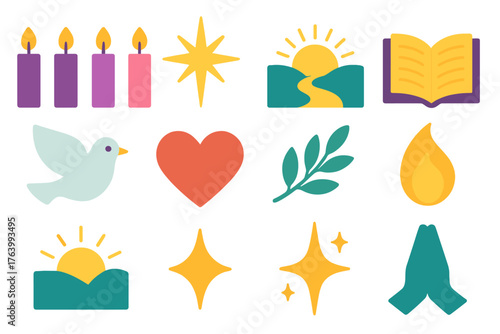 Advent Hope flat icons: four candles, glowing star, path, sunrise, open book, dove, heart, olive branch, flame, sky, sparkle, prayer hands. , , High resolution, sharp vector-like