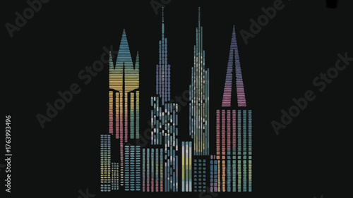 Abstract digital art depicting a vibrant multicolored cityscape with towering skyscrapers against a dark background