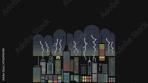 Dramatic cityscape under a stormy sky with lightning illuminating the tall buildings and dark clouds above