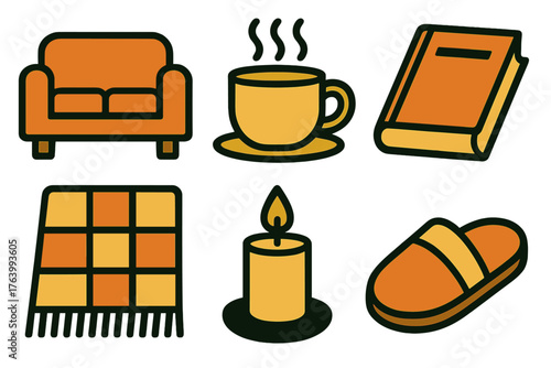 Relaxing sunroom silhouette set: sofa, coffee cup, book, blanket, candle, slipper.