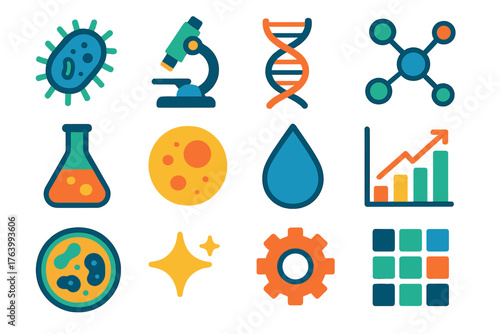 Microbiological Science flat icons: bacteria, microscope, DNA strand, molecule, flask, cell, droplet, chart, petri dish, sparkle, gear, data grid. , , High resolution, sharp vector