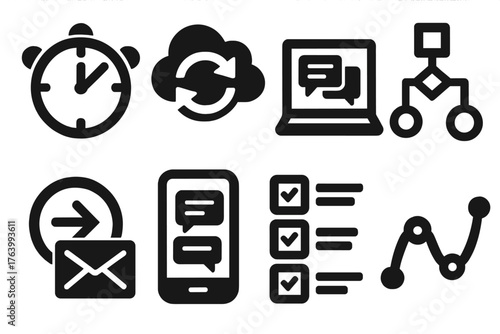 Time-Shifted Work silhouette set: clock with zones, cloud sync, laptop with messages, workflow chart, delayed send icon, mobile chat, checklist, flexible timeline. , , High