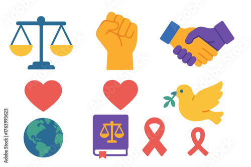 Equality & Justice flat icons: balance scale, raised fist, heart, globe, handshake, law book, dove, ribbon.
