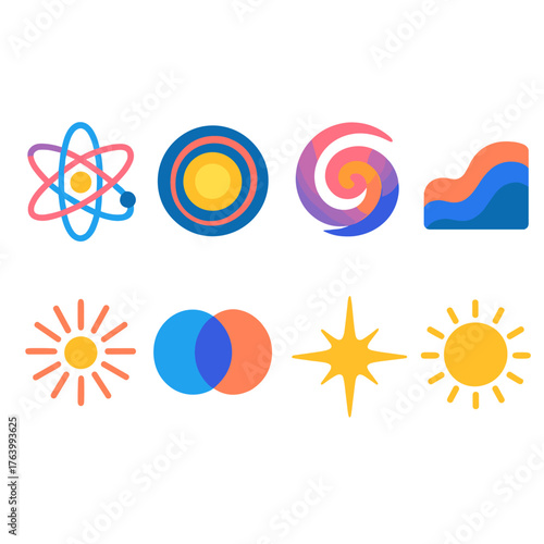 Fusion flat icons: atom, energy core, spiral, wave, light burst, circle overlap, spark, sun.