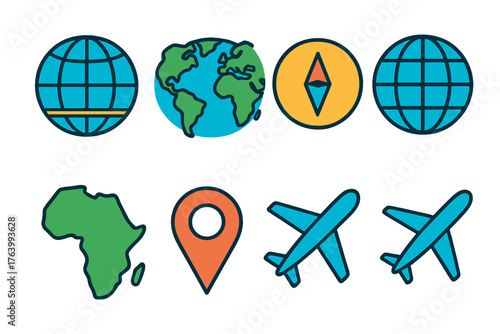 Geography Hemisphere flat icons: globe, world map, equator line, compass, longitude grid, continent icon, location pin, airplane.