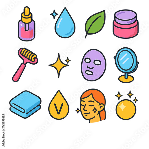 Skincare Glow Icons flat isometric set: serum bottle, water droplet, leaf, moisturizer jar, massage roller, sparkle line, facial mask, mirror, towel, vitamin drop, radiant skin