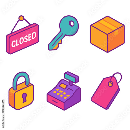 StoreClosing flat isometric set: signboard, key, box, calendar, lock, clock, cash register, tag.