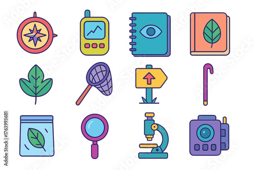 Field Studies flat isometric set: compass rose, handheld GPS, observation notebook, field guide, plant leaf, butterfly net, trail marker, walking stick, sample bag, magnifier,