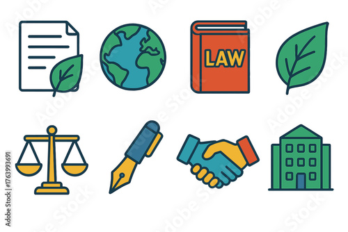 Environmental Policy flat isometric set: paper, globe, law book, leaf, scales, pen, handshake, building.