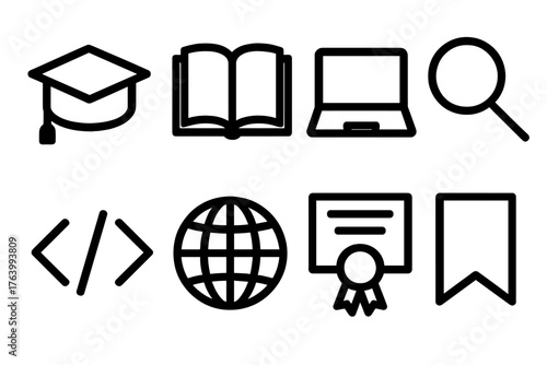 2026 Ambitions — learning and skills outlines silhouette set: graduation cap, open book, laptop, magnifying glass, code brackets, globe, certificate, bookmark.
