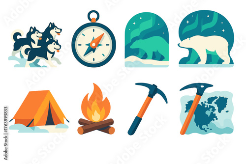 Winter Adventure Arctic Expedition flat icons: sled dogs, compass, tent in snow, campfire, ice axe, polar bear silhouette, northern lights, frozen map.