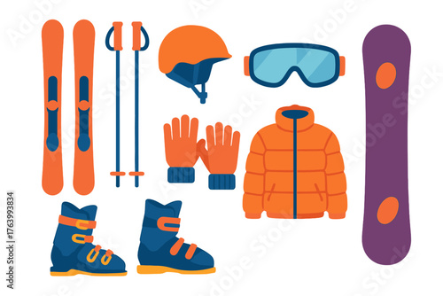 Ski Gear Ready flat icons: skis, ski poles, snowboard, helmet, goggles, boots, gloves, puffer jacket.