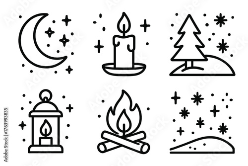 Winter Solstice Celebration — Longest night outline icon set: moonlight, stars, candle flame, evergreen tree, snow-covered hill, lantern, firelight, frosted sky.