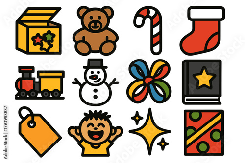 Gift Traditions – Childhood Joy silhouette set: toy box, teddy bear, candy cane, Christmas stocking, train set, snowman, colorful ribbon, storybook, paper tag, excited child,