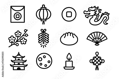 Lunar New Year Symbols outline icon set: red envelope, lantern, gold coin, dragon, blossom branch, firecracker, dumpling, fan, pagoda, moon, candle flame, fortune knot.
