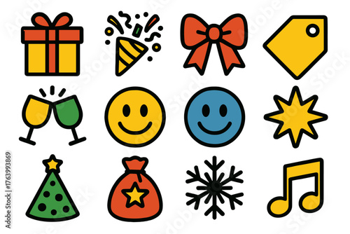 Gift Exchange Celebration — Bright Flat Icons silhouette set: wrapped presents, confetti popper, ribbon bow, gift tag, clinking glasses, smiling faces, starburst, party hat,