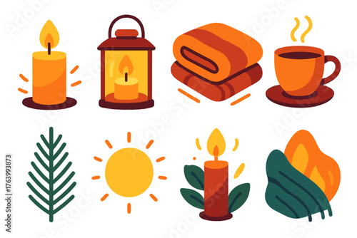 Candlelight Warmth flat icons: glowing candle, soft flame, glass lantern, cozy blanket, cup of tea, gentle light, pine branch, warm glow.