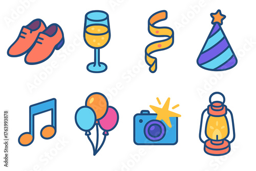 Holiday Time — Celebration moments flat isometric set: dancing shoes, champagne glass, ribbon streamer, party hat, music note, balloon cluster, camera flash, glowing lantern.