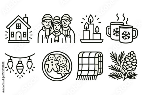 Winter Celebration Warmth outline icon set: glowing home, group of friends, candles and mugs, winter lights, holiday treats, warm blanket, pine decor, peaceful joy.