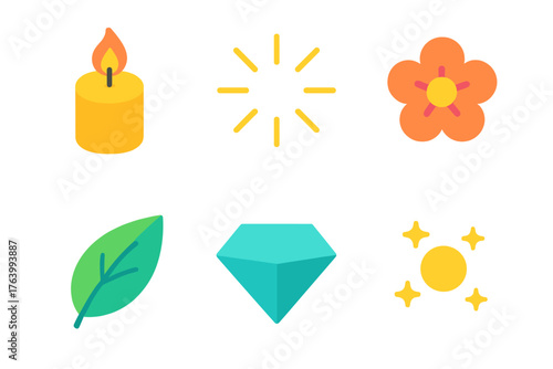 Candlelight Symbols flat isometric set: wax candle, radiant lines, flower, leaf, diamond shape, gentle glow.